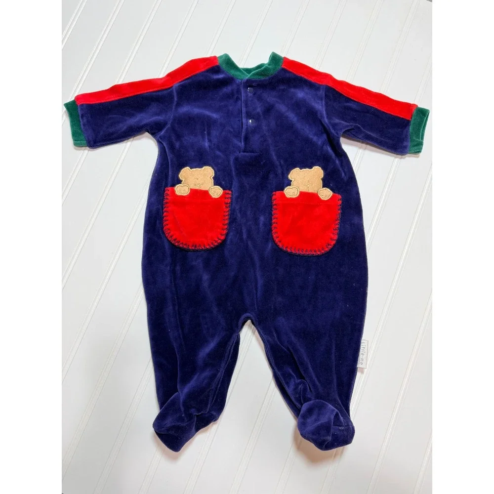 Little Me Vintage Baby Velour Footed Sleeper Navy Blue Bear Pockets 3-6 Months